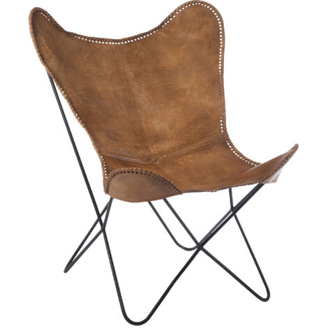 Fauteuil papillon en cuir lisse cognac et métal 75x87x86cm