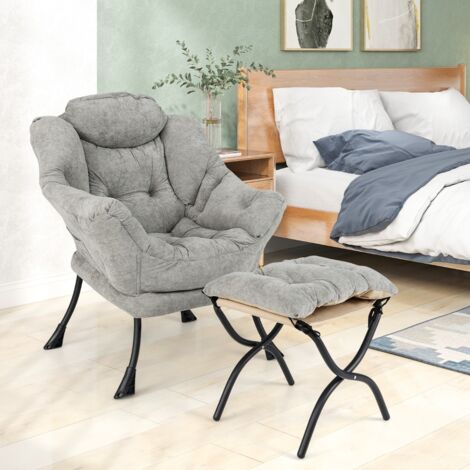 Fauteuil Paresseux avec Ottoman Fauteuil d'Appoint Surdimensionné en Sherpa Repose-pieds Pliable Poche Latérale Fauteuil de Loisirs Gris
