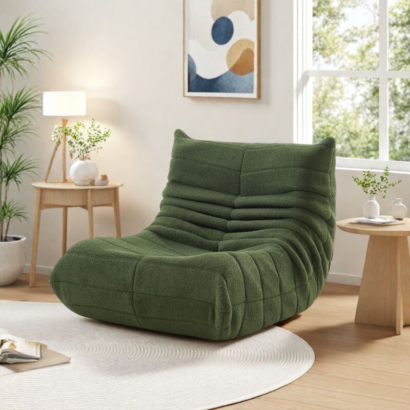 Fauteuil relax, Fauteuil Pouf en laine d'agneau, pour salon, salle à manger, chambre d'amis, Fauteuil paresseux, vert