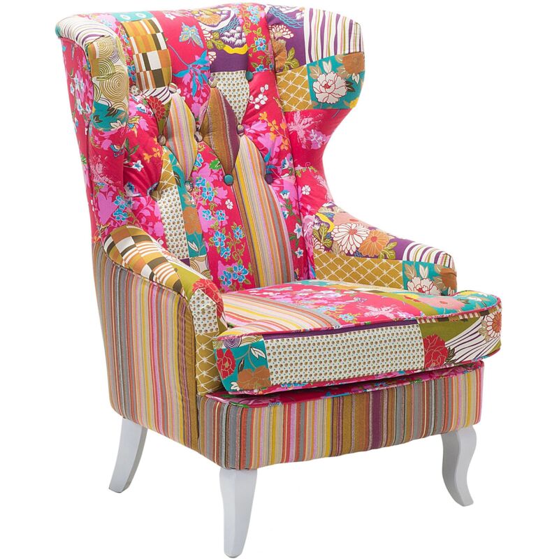 Fauteuil Style Bergère en Tissu Patchwork Multicolore Pieds Blancs Pop Art Molde