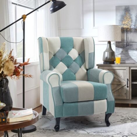 AHD AMAZING HOME DESIGN Fauteuil patchwork relax bergère inclinable repose-pieds bleu Ethron