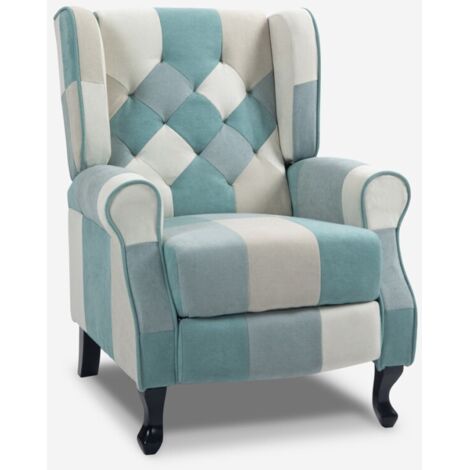 AHD AMAZING HOME DESIGN Fauteuil patchwork relax bergère inclinable repose-pieds bleu Ethron