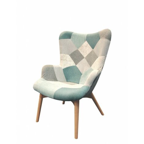 Fauteuil Patchwork Scandinave Tissus Bleu Beige Gris Blue