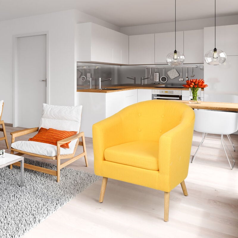 Fauteuil scandinave en tissu jaune -Fauteuil pieds bois Hévéa massif-Tissu effet feutrine 646070cm