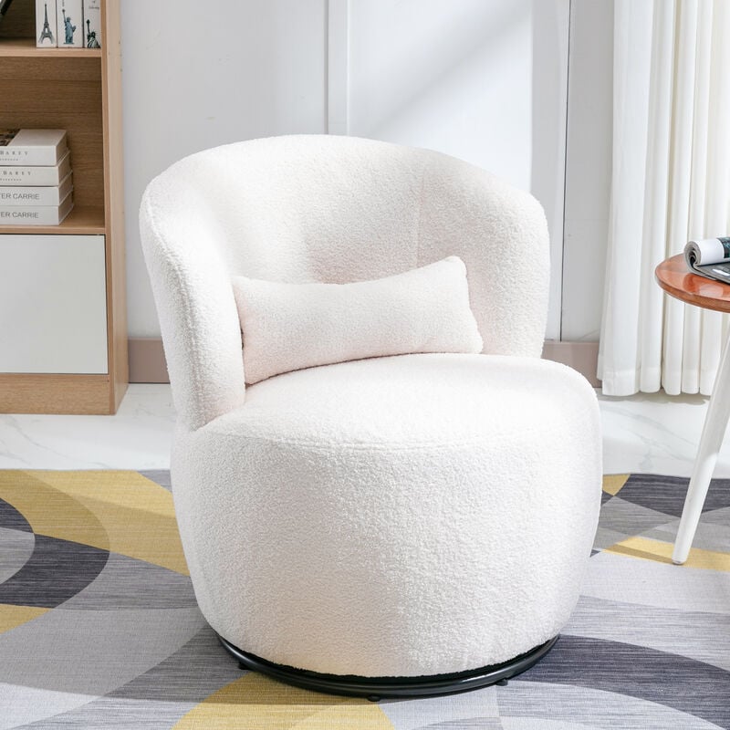 Modernluxe - Fauteuil pivotant - chaise de relaxation pour salon - rembourré de peluche - avec base pivotante en métal + avec coussin lombaire - Blanc