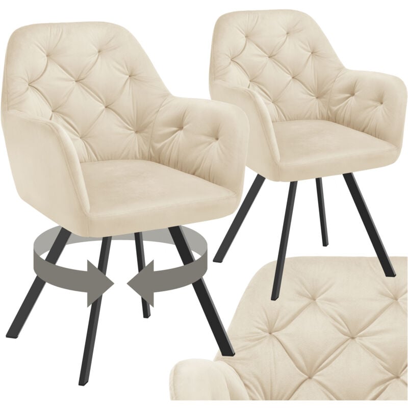 Tectake - Lot 2 fauteuils pivotants 180° velours rembourrés matelassés crème