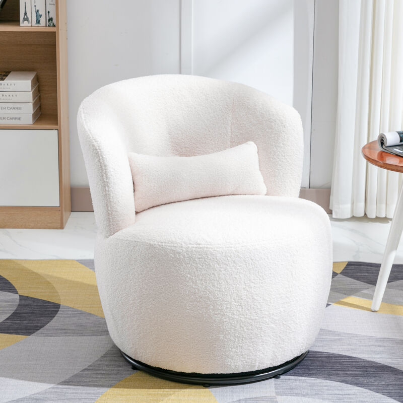 Fauteuil pivotant en Velours Teddy - avec base pivotante en métal + avec coussin lombaire - chaise de relaxation pour salon - Confortable - Blanc