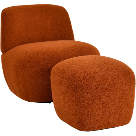Fauteuil pivotant et repose pied en tissu bouclette terracotta