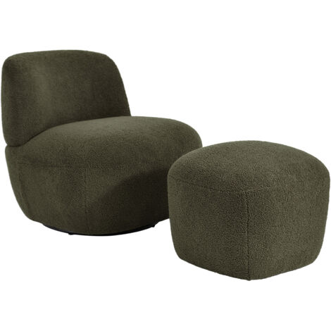 Fauteuil pivotant et repose pied en tissu bouclette vert foncé