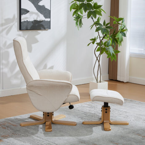 Fauteuil pivotant nordique avec tabouret en chenille. Socle bois massif et support métallique,design stable et esthétique,couleur beige.