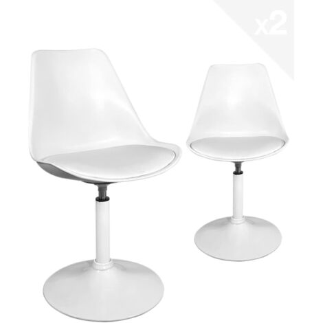 Fauteuil pivotant rétro vintage, assise en plastique souple, coussin intégré en similicuir, base en métal avec patins antidérapants en silicone NOSA - Lot de 2 (Blanc)