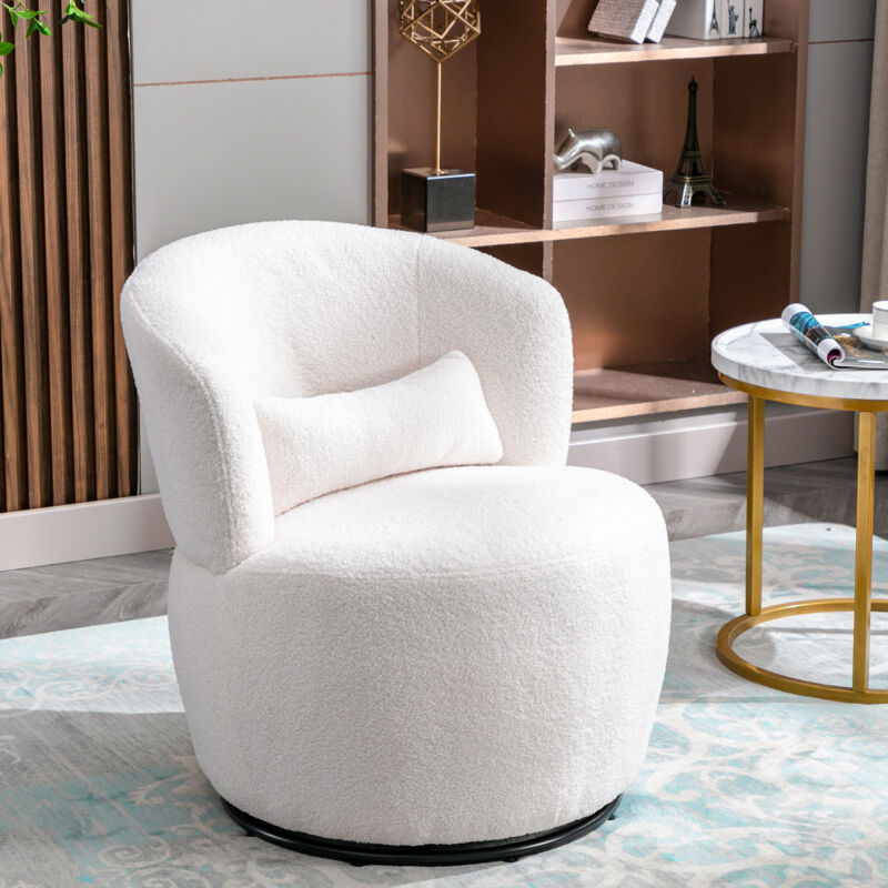 Fauteuil Pivotante avec Base Métallique Rotative,en Peluche avec Coussin Lombaire, Blanc, Capacité de Charge 100 kg