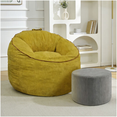 Fauteuil poire ergonomique en flanelle avec poche latérale et pouf cylindre, style moderne, jaune