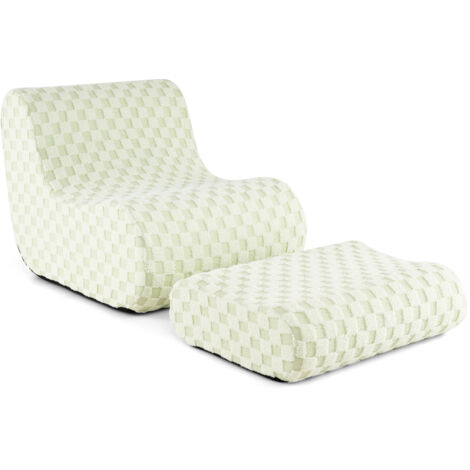 Fauteuil Pouf avec Ottoman, avec Éponge à Haute Élasticité, Fond Antidérapant & Housse en Velours Teddy Lavable en Machine, Vert