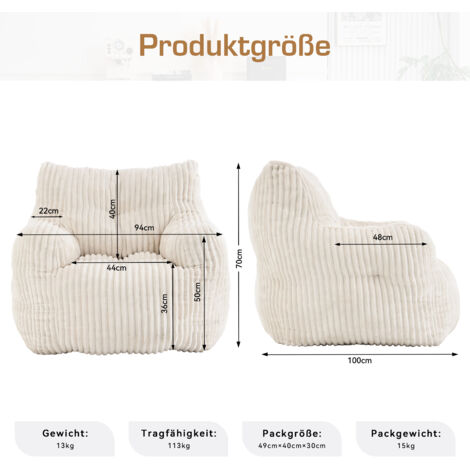 Fauteuil pouf en mousse souple avec tissu en velours côtelé,beige