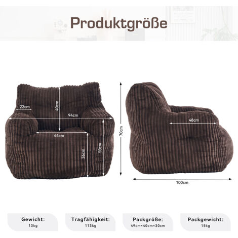 Fauteuil pouf en mousse touffée souple avec tissu en velours côtelé,marron