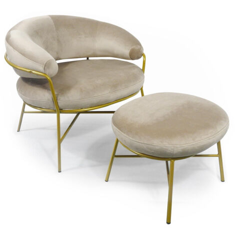 Fauteuil + pouf Nanty Velours Taupe Pieds Or