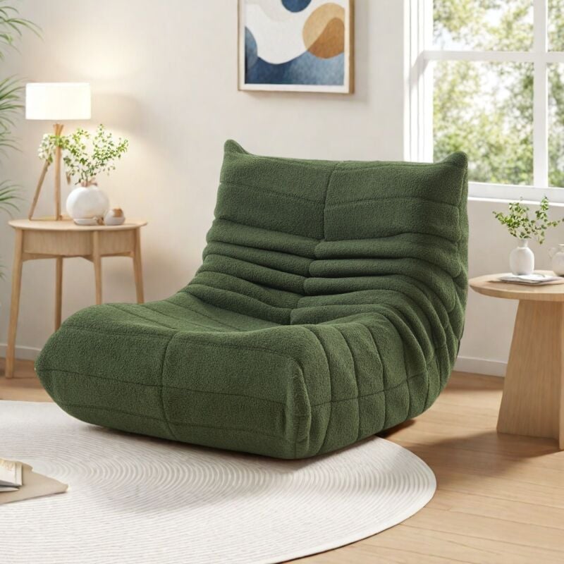 Fauteuil pouf, velours peluche, mousse haute densité, canapé pouf, fauteuil de salon - Vert