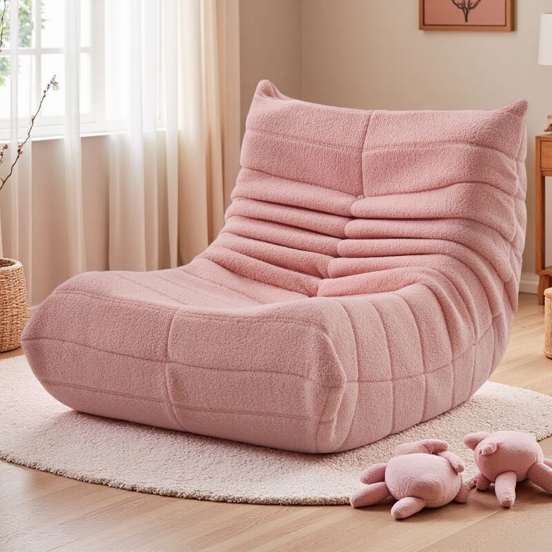 Fauteuil pouf, velours peluche, mousse haute densité, canapé pouf, fauteuil de salon - Rose