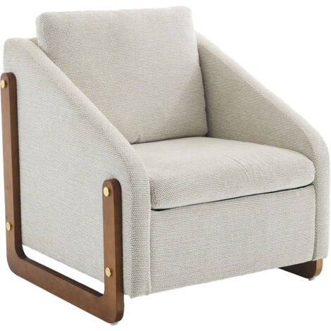 Fauteuil pour salon, chaise moderne avec accoudoir en bois et coussin, tissu de chenille, beige