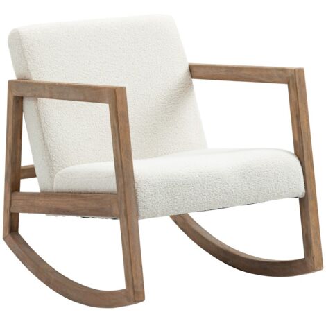 Fauteuil Relax à Bascule Rembourré Confortable Cadre Bois d'Hévéa Couleur Crème Blanc 86x75x98cm pour Salon Jardin Terrasse