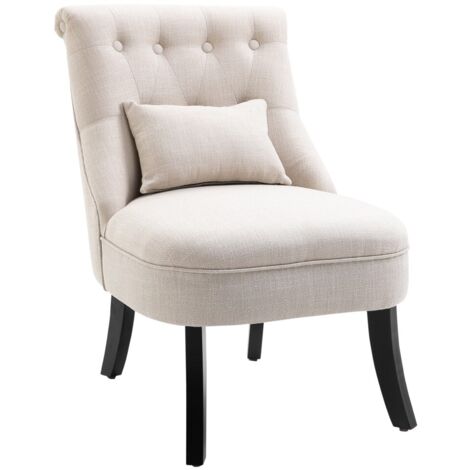 Fauteuil Relax avec Coussin de Dossier Design Lounge en Tissu Lin Effet Pieds Bois Blanc Crème pour Salon Chambre 52.5x69x77 cm