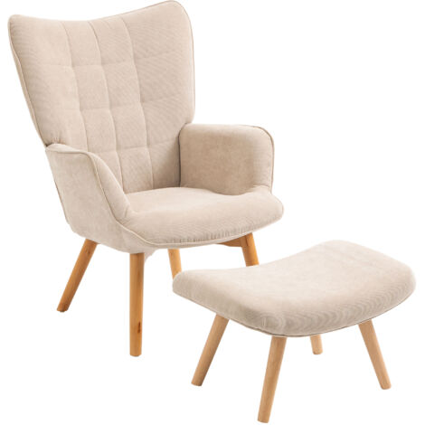 Fauteuil relax avec pouf et repose-pieds en velours côtelé, dossier haut et accoudoirs, beige