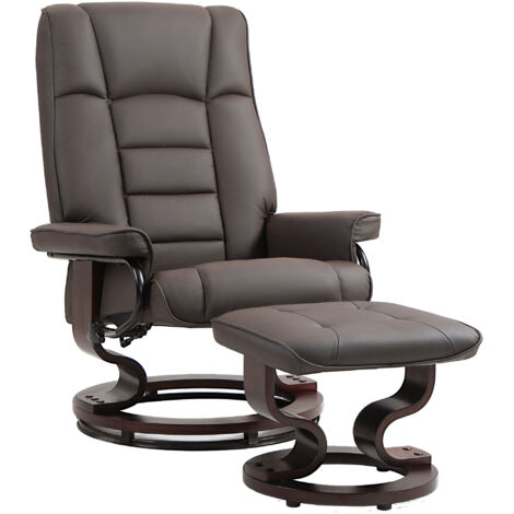 Fauteuil relax avec pouf, rotatif et inclinable, revêtement similicuir, capacité 150 kg, piètement bois, marron