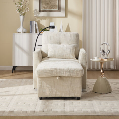 Fauteuil relax avec rangement, poches latérales et support pour téléphone, en chenille, beige