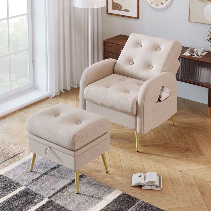 Fauteuil relax, avec repose-pieds, inclinable, dossier réglable en 3 positions, rangement latéral, fauteuil de tv capitonné en Tissu - Beige