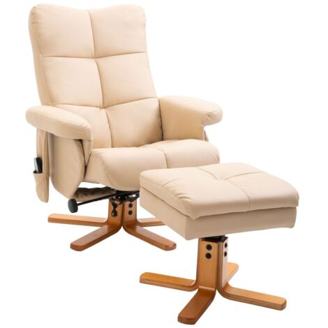 Fauteuil Relax avec Repose-Pieds Intégré - Fonction Rangement et Inclinable (145°) - Tissu Polyester Crème - Pour Salon/TV