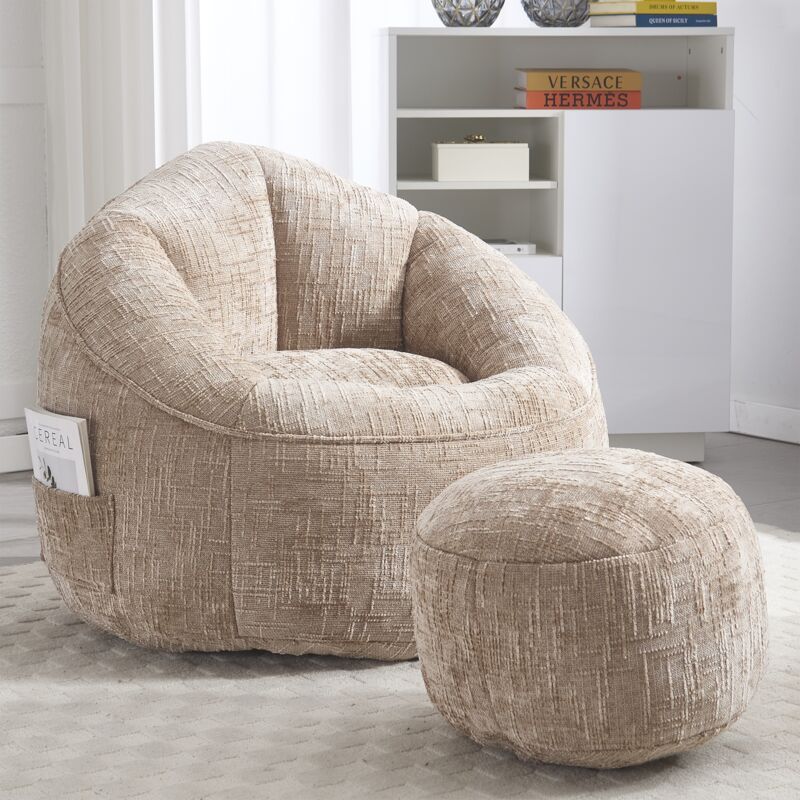 Fauteuil relax, avec repose pieds, mousse haute pression pouf, poches latérales, adulte canapé Chaise en Tissu - Kaki