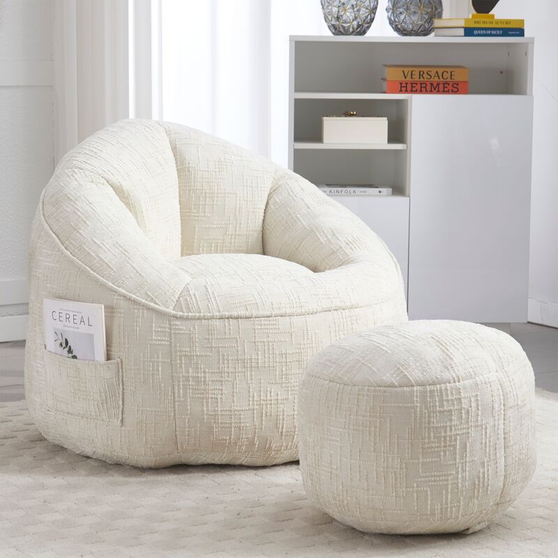 Fauteuil relax, avec repose pieds, mousse haute pression pouf, poches latérales, adulte canapé Chaise en Tissu - Blanc