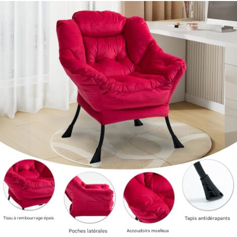 Fauteuil relax avec structure en métal et poche latérale, style simple et confortable, idéal pour la chambre, le salon ou le balcon.