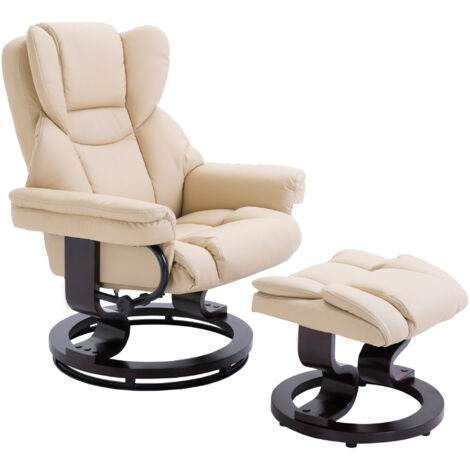 Fauteuil relax avec tabouret, siège TV inclinable, assise confortable pour salon et chambre, cuir artificiel, couleur crème.