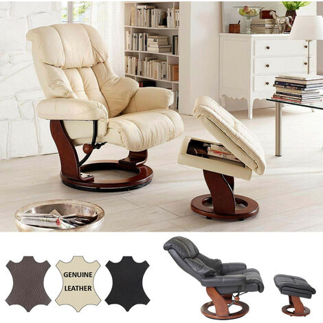 Fauteuil relax Calgary XXL – Cuir véritable noir – Charge 180kg – Dossier réglable – Tabouret avec rangement intégré – Rotatif 360° – HW
