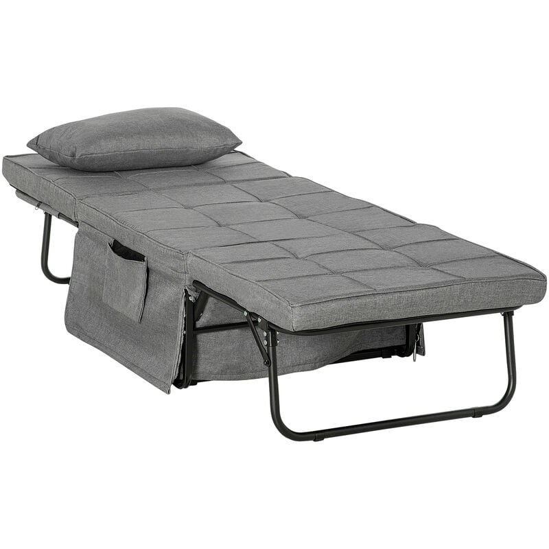Fauteuil relax canapé pouf lit d'appoint 4 en 1 dossier inclinable 5 niveaux repose-pied rabattable châssis acier noir polyester gris
