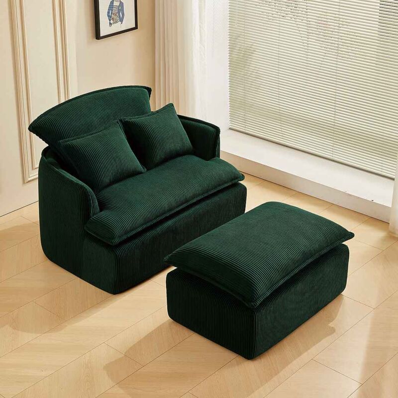 Fauteuil relax, canapé rembourré avec repose-pieds, vert
