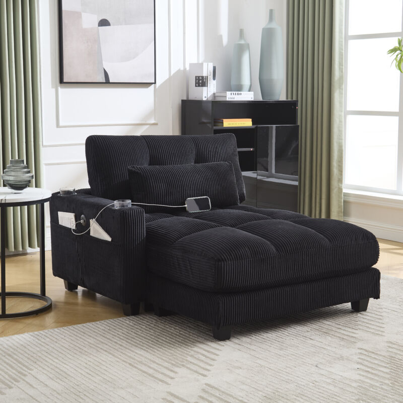 Fauteuil relax, chaise longue, porte-gobelet et poches latérales - Meubles de salon / chambre, velours côtelé, noir