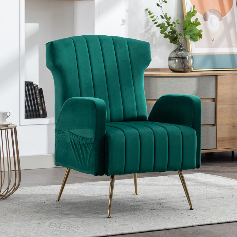 Fauteuil relax, chaise simple de loisirs avec pieds dorés, velours, vert