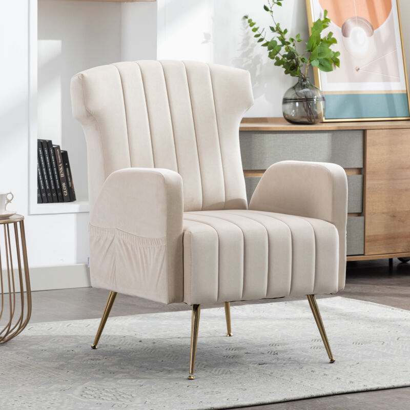 Fauteuil relax, chaise simple de loisirs avec pieds dorés, velours, beige