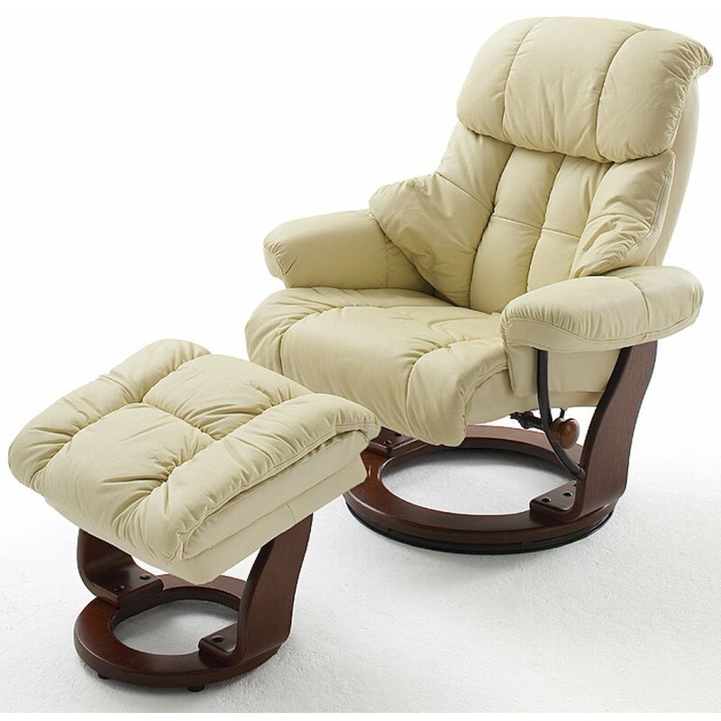 Fauteuil relax CLAIRAC assise en cuir crème pied en bois noyer avec repose pied - blanc