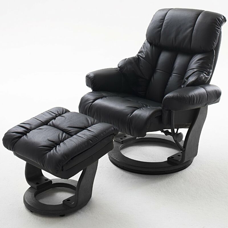 Fauteuil relax CLAIRAC assise en cuir noir pied en bois noir avec repose pied - noir