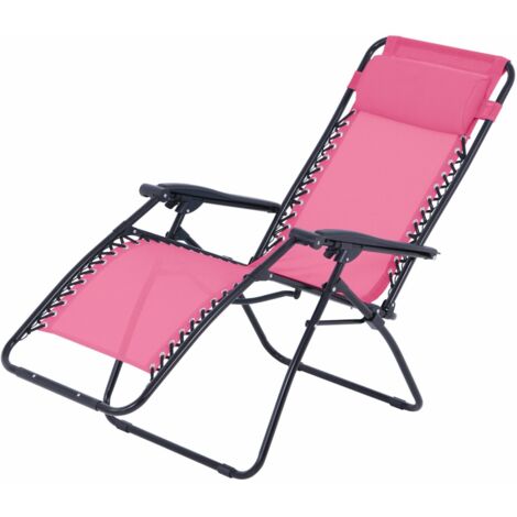 Fauteuil relax inclinable 5 positions – Structure en tube d'acier – Assise en textilène – Dimensions 165x68x113 cm – Couleur rose