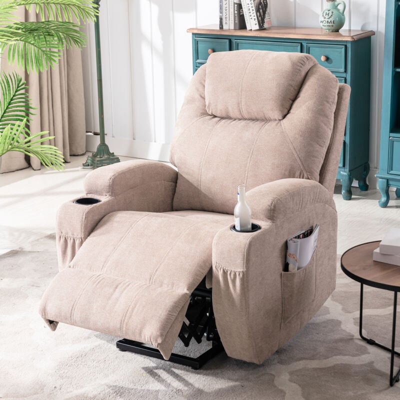 Modernluxe - Fauteuil relax électrique avec fonctions de chauffage et de vibration - 2 porte-gobelets et poches latéralles - Gris clair