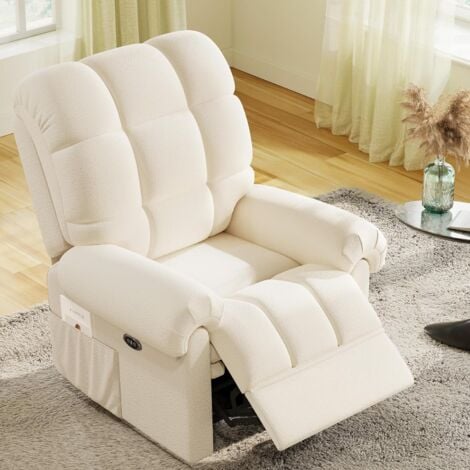 KEEPBUYING Fauteuil de relaxation électrique fauteuil en Velours Teddy,Fauteuil à loisirs Réglable avec USB,Anti-statique avec Repose Pieds-Beige Blanc