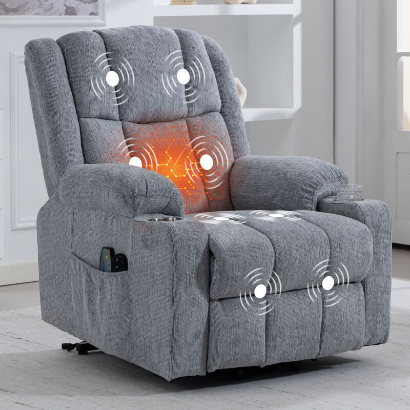 Fauteuil relax électrique massage chauffant, dossier et repose-pieds réglables, 2 poches latérales et porte-gobelets, velours gris clair