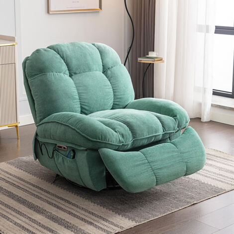 Fauteuil relax électrique pivotant avec massage et chauffage – Tissu vert – Port USB et Type-C – Dimensions 80x90x100 cm