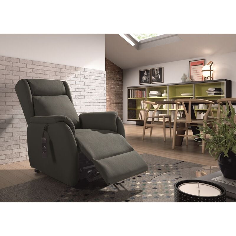 Fauteuil relax électrique releveur en tissu Nobuck couleur Gris foncé - Longueur 75 x Profondeur 90 x Hauteur 108 cm