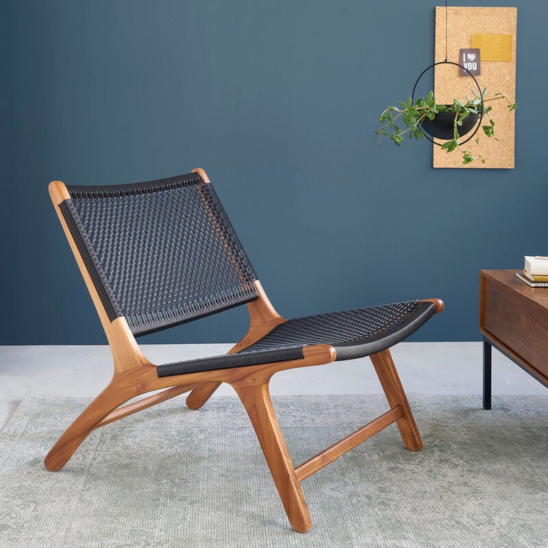 Fauteuil relax en bois de teck et tissage - Teinté et noir